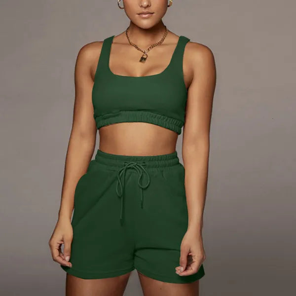 Women's Two Piece Pants Casual Solid Sportswear Two Piece Sets Women Crop Top And Drawstring Shorts Matching Set Summer Athleisure Outfits 230316