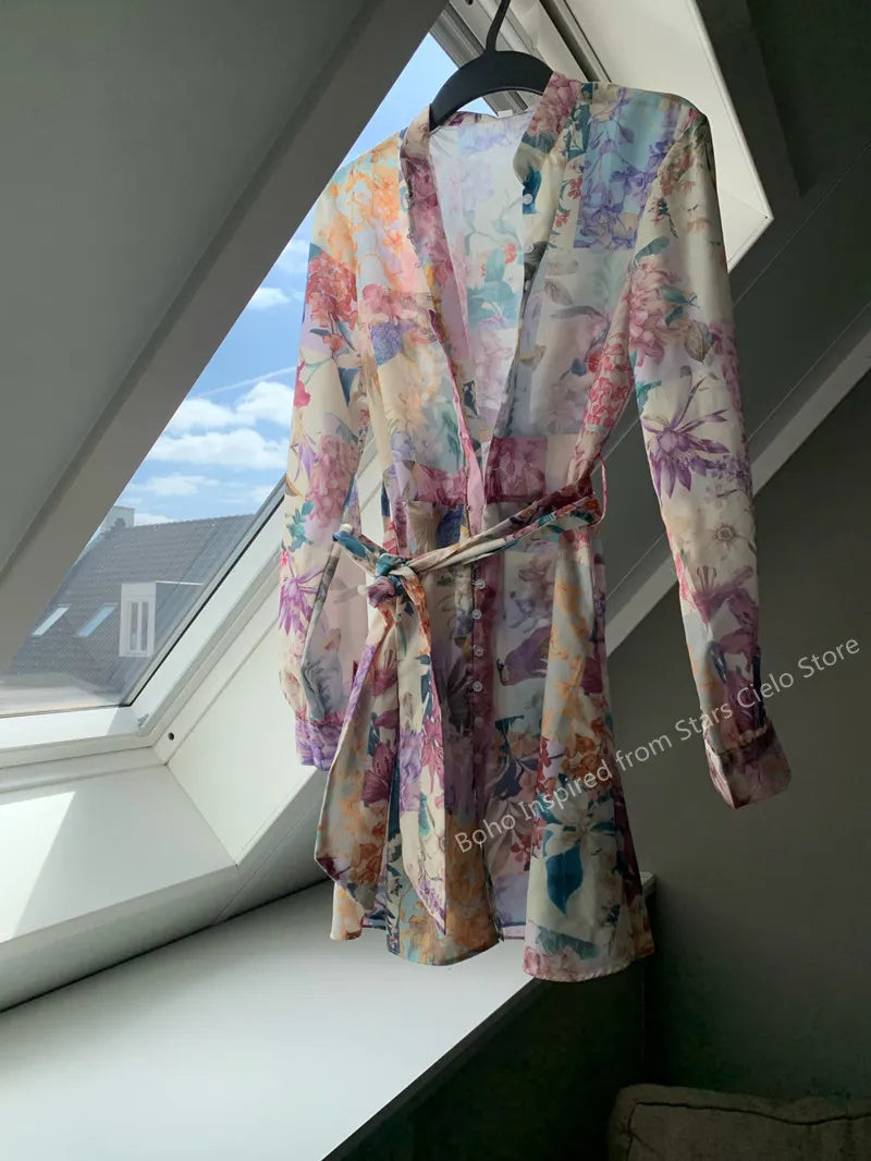 Casual Dresses BOHO INSPIRED MULTICOLORED FLORAL PRINT summer DRESS women buttons down belted long sleeve woman dress elegant ladies dress 0830