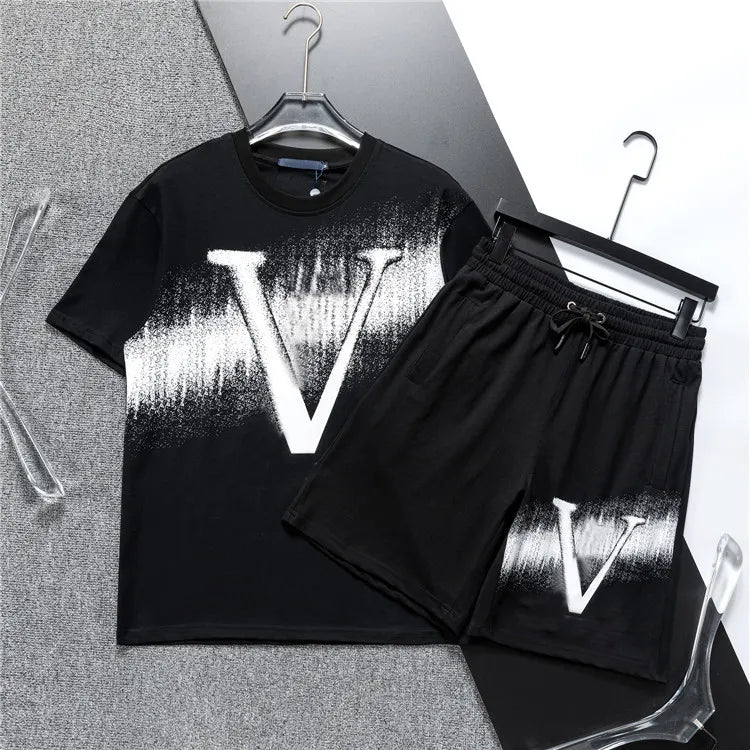 Men's Tracksuits Casual Letter Printing Comfortable Personnel Neck Short Sleeved Tshirt and Shorts Set Oversized Loose Fitting