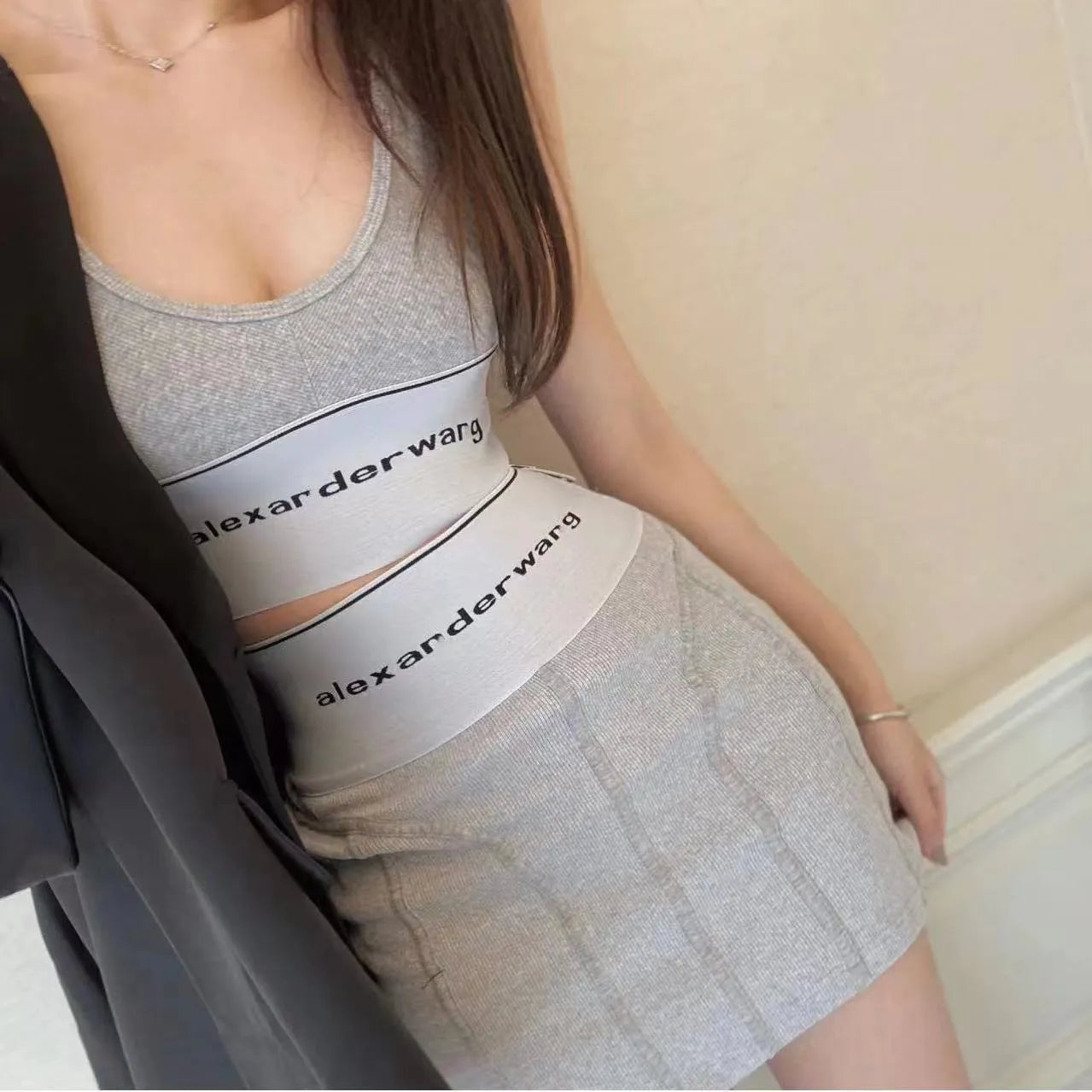 Spring Summer letter vest sports beauty back inside strap sexy designer suit Women zipper wrap buttocks women short skirt Luxury two-piece set