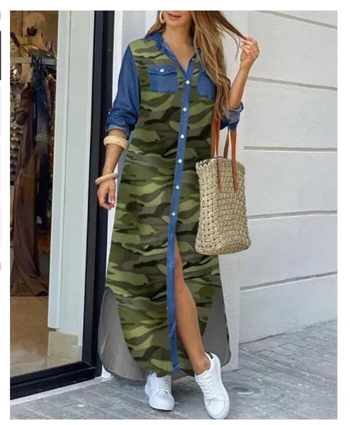 2014 Plus Size Fashionable Shirt Style Button Dress Ladies Casual Long Street Dresses Loose Home Maxi Women