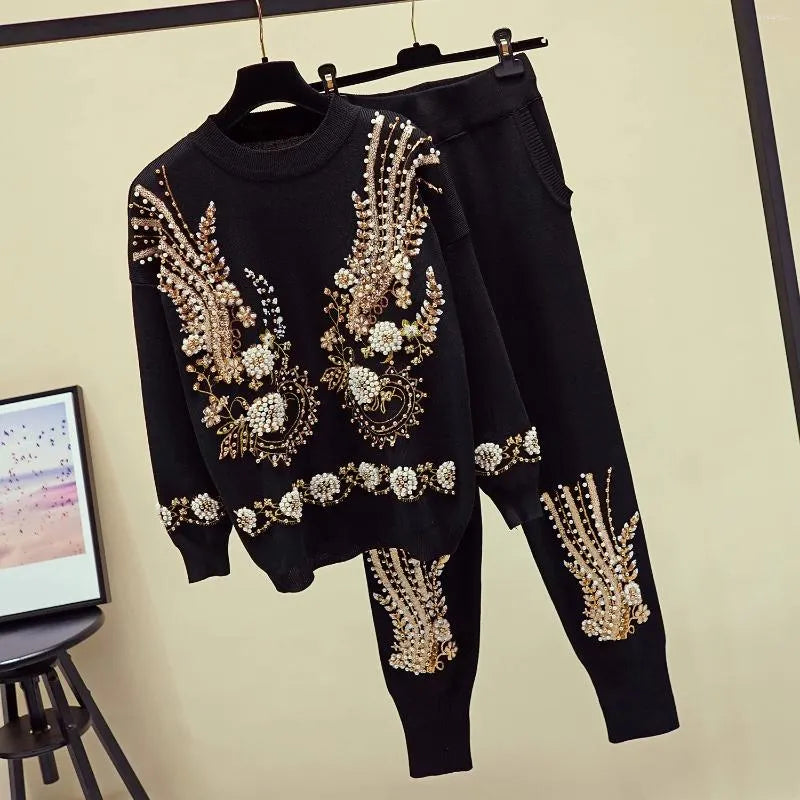 Women's Tracksuits Autumn Womens Beads Embroidery Knitwear Sweater Knitting Pants Two Piece Set Female