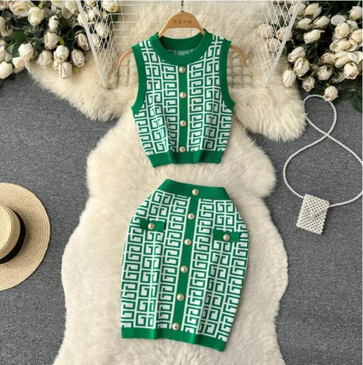 Designer Women Tracksuits Knitted Sleeveless Round Neck Tank Top+hip Wrap Short Skirt Fashion Two Piece Set