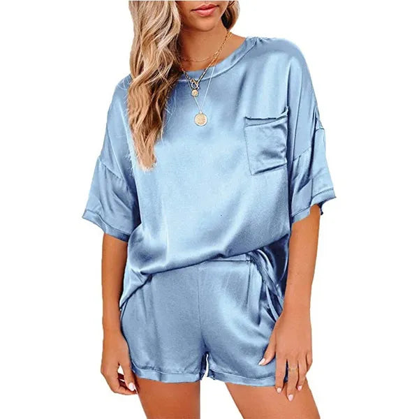 Women's Tracksuits Satin Silk Women Sets Pockets T Shirts and Elastic Waist Shorts Suit Pajama Spring Summer 2 Piece Set Homewear G2598 230209