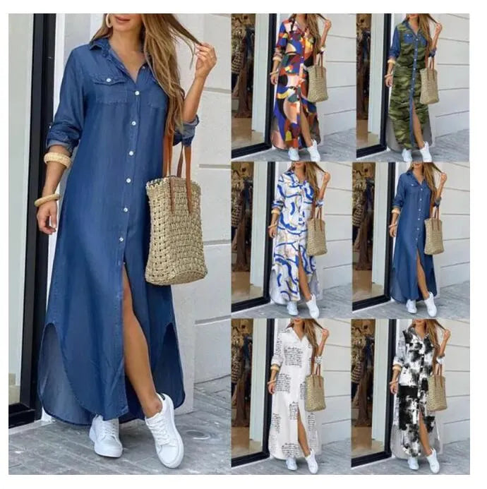 2014 Plus Size Fashionable Shirt Style Button Dress Ladies Casual Long Street Dresses Loose Home Maxi Women