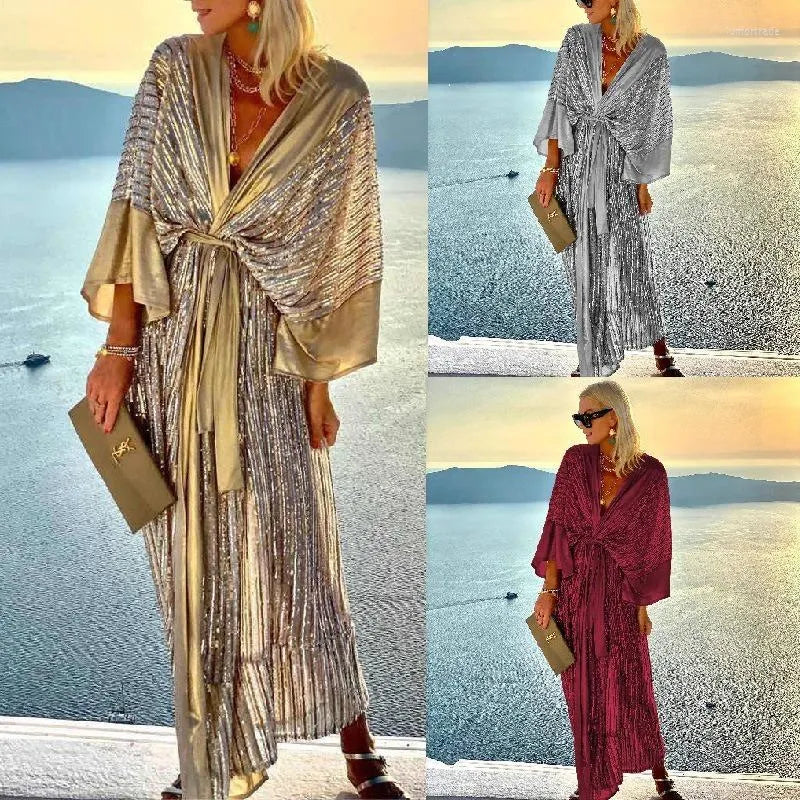 Casual Dresses Vintage Sequin Patchwork Women Kimono Cardigan Summer Batwing Sleeve Maxi Long Party Dress Elegant V-neck Evening