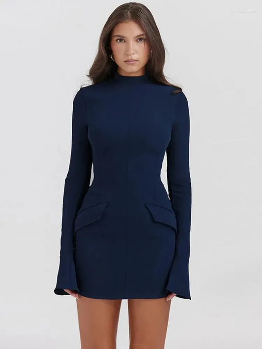 Casual Dresses Elegant Dark Blue Solid High Waist Mini Dress Women Fashion With Pocket Long Sleeve Bodycon Chic Party Club Robes