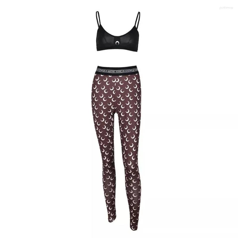 Trendy Summer Tracksuits Women Moon Shape Print Club Outfit Skinny Crop Top And Leggings Trouses Two Piece Pants Set