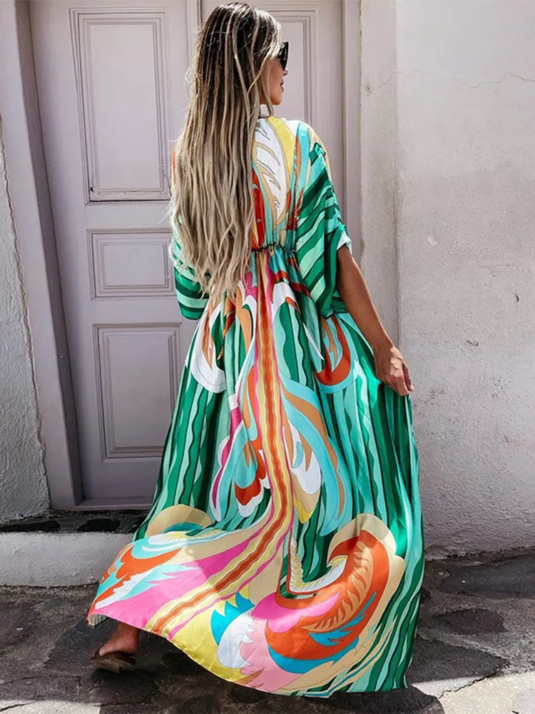 Basic Casual Dresses Summer Print Casual Women Dresses Oversized Holiday Beach Dress Boho Long Cover-Up Dress Female Long Sleeve Loose Tunic Dress 230818