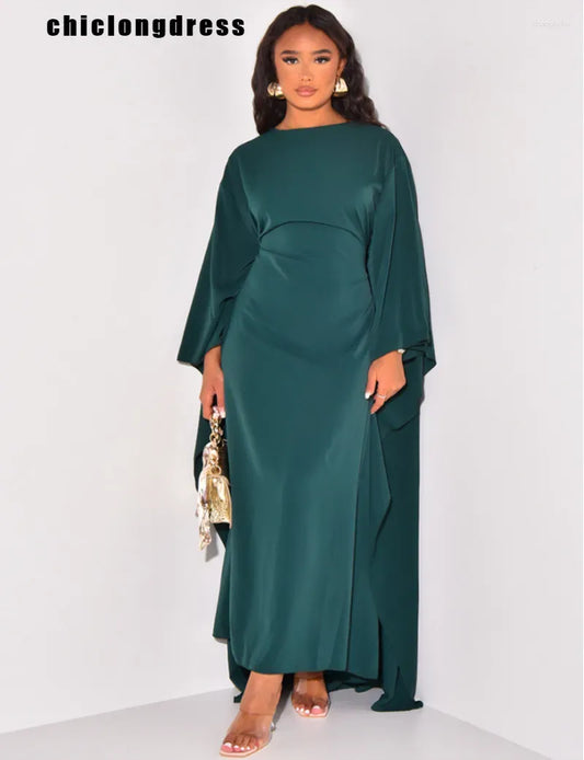 Casual Dresses Autumn Fashion Satin Party Dress Robe Abaya Muslim Women Elegant Solid Round Neck Bat Sleeves Loose Maxi