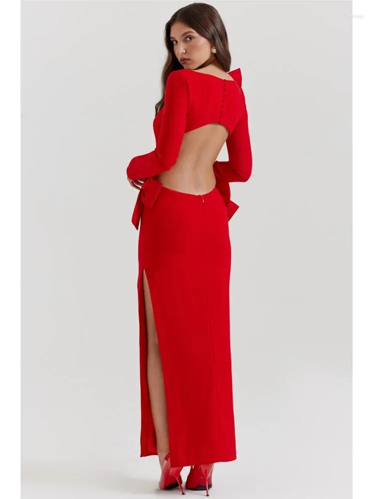 Casual Dresses Christmas Red Bow Backless Gown Dress Long Sleeve High Split Side Cut Out 2023 Ladies Party Festival Evening Robes