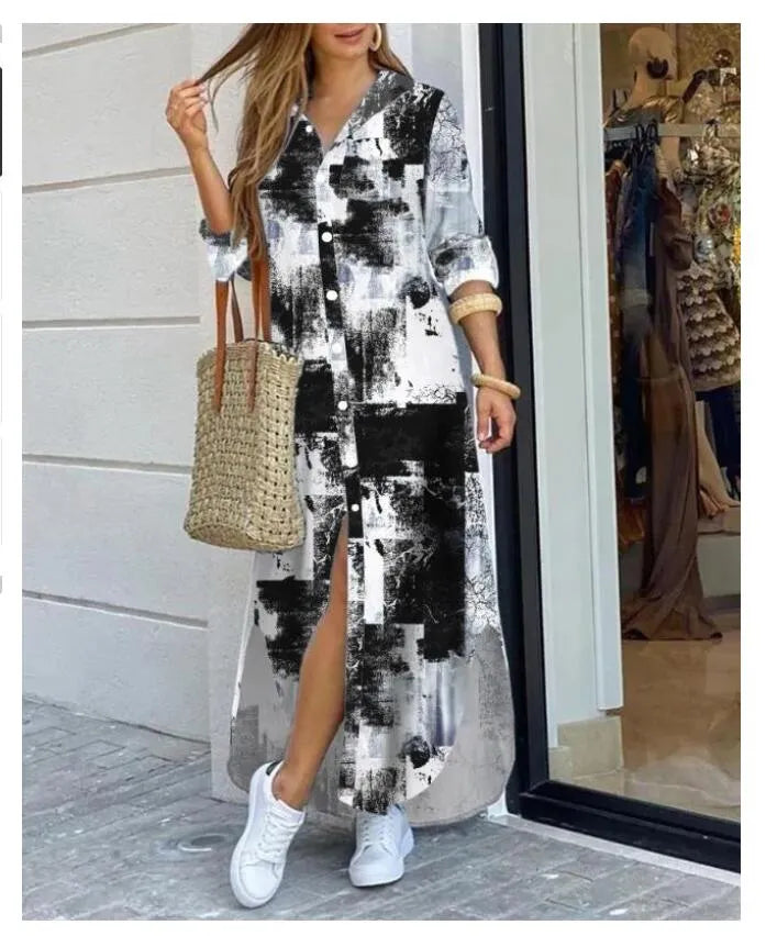 2014 Plus Size Fashionable Shirt Style Button Dress Ladies Casual Long Street Dresses Loose Home Maxi Women