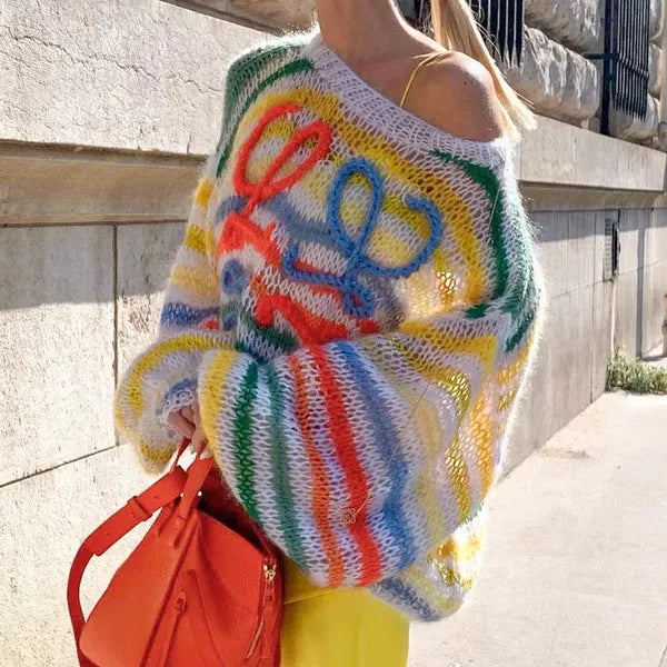 Women's Sweaters Oversized Knitted Rainbow Sweater Women Fashion Stripes Contrast Round Neck Pullover Sweater Casual Loose Cute Jumper y2k top 231012