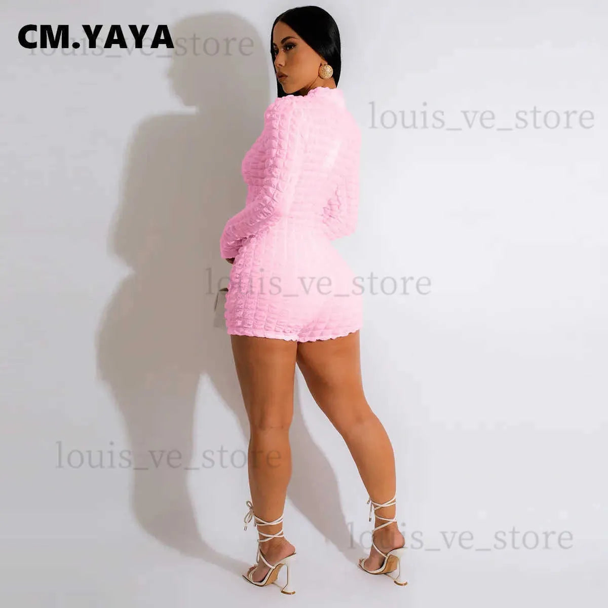 Women's Jumpsuits Rompers CM.YAYA Women Seersucker High Stretch Long Sleeve Zipper Fly Skinny Moto Biker Style Romper and Playsuit INS 2023 One Piece Suit T231202