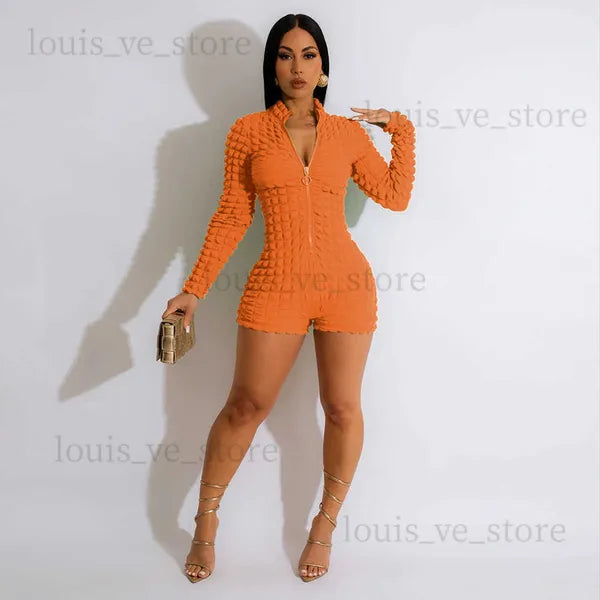 Women's Jumpsuits Rompers CM.YAYA Women Seersucker High Stretch Long Sleeve Zipper Fly Skinny Moto Biker Style Romper and Playsuit INS 2023 One Piece Suit T231202