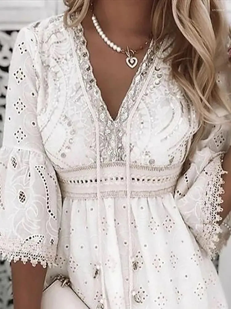 Casual Dresses White Lace Dress Women V Neck Up Female Patchwork Three Quarter Sleeve Vacation Beach Ladies A-line Party