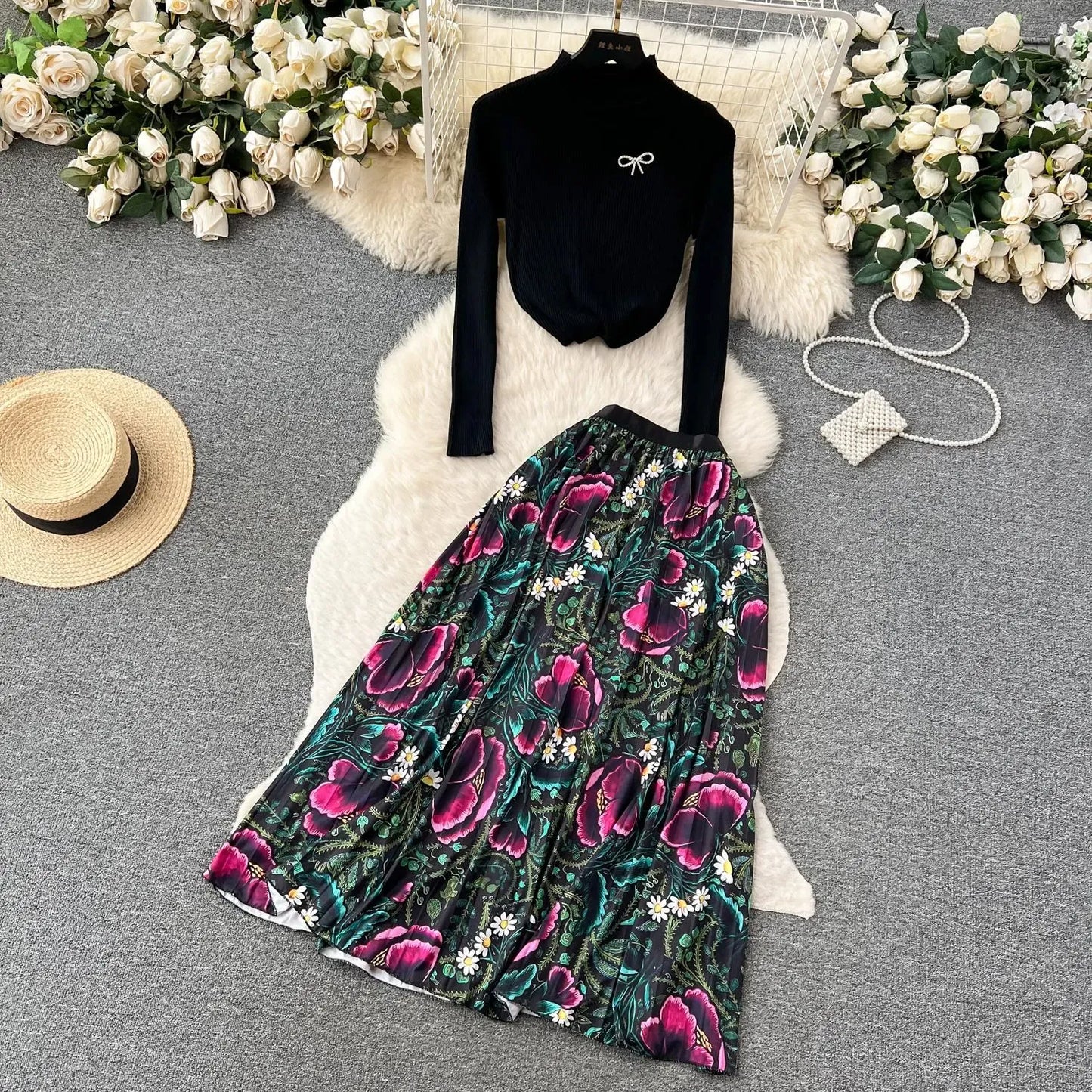 Two Piece Dress Runway Designer Pullover Knitted Black Tops and Long Pleated Skirt Suit Autumn Women Two Piece Sets Elegant Casual Party Outfit 2024