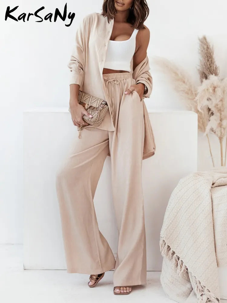 Women's Two Piece Pants KarSaNy Long Sleeve Loose Shirts Set Woman Sets For Women High Waist Wide Leg Trousers Suits Spring 230313