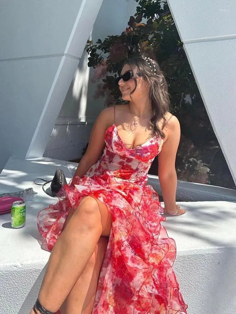 Casual Dresses Tierred Ruffles Flower Print Sling Maxi Dress Fashion Bohe Sleeveless Bodycon Vestidos Female Beach Holiday Long Robe