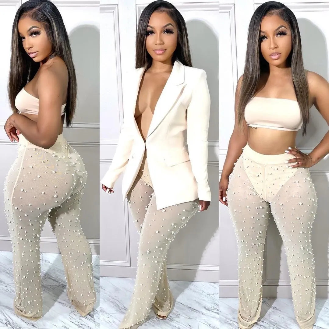 Womens Suits Blazers Two Piece Set Women Blazer Pearls Sheer See Through Mesh Pants Long Sleeve Single Button Jacket Coat Tracksuit Clothes For Women 230216