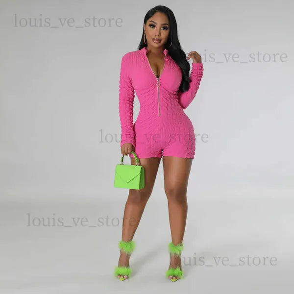 Women's Jumpsuits Rompers CM.YAYA Women Seersucker High Stretch Long Sleeve Zipper Fly Skinny Moto Biker Style Romper and Playsuit INS 2023 One Piece Suit T231202