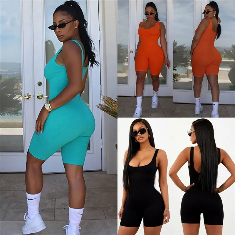 Womens Jumpsuits Rompers Sexy Women Sleeveless Romper Jumpsuit Bodycon Bodysuit Slim Fit Sports Short Pants Clubwear Backless Biker Shorts Playsuit 230609