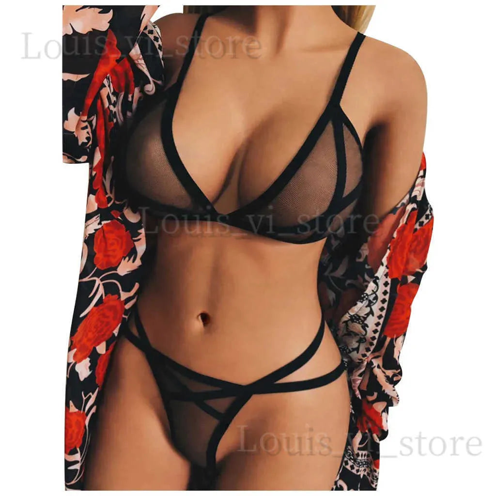 Bras Sets Hot WomenS Seductive Lingerie Two-Piece Set Women Sexy Lingerie Corset Solid Mesh Underwire Sleepwear Underwear Set T240221