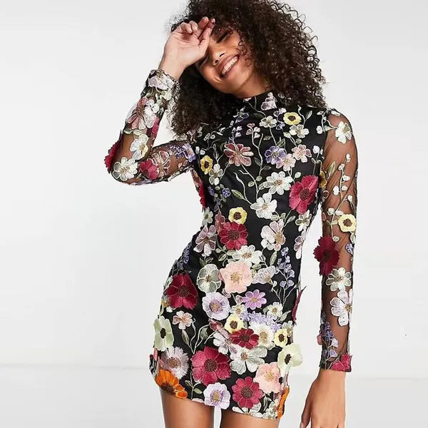 Basic Casual Dresses Floral Embroidery Long Sleeve Dresses Spring Evening Party Lady Vestido Elegant Luxury Women Mini Dress Half High Collar 230615