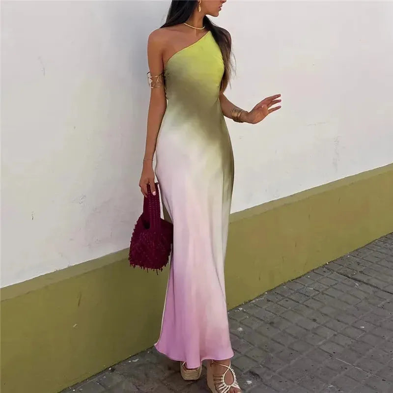 TRAF Tie Dye Long Dress Women Asymmertic Satin Backless Dress Woman Off Shoulder Sexy Evening Party Dresses Midi Summer Dresses 240320