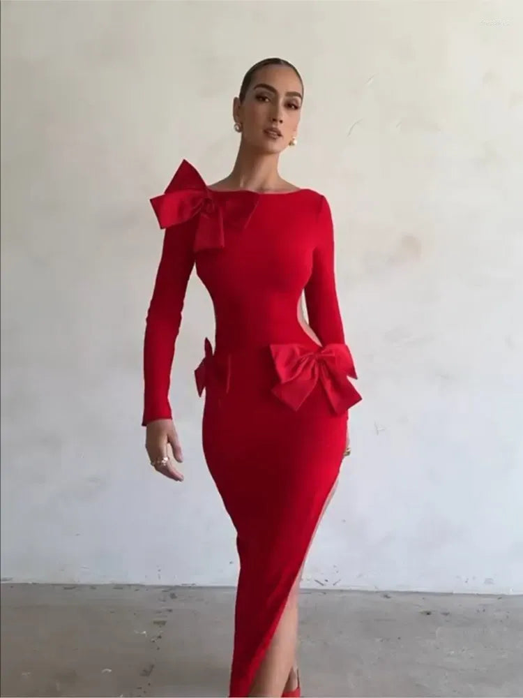 Casual Dresses Christmas Red Bow Backless Gown Dress Long Sleeve High Split Side Cut Out 2023 Ladies Party Festival Evening Robes