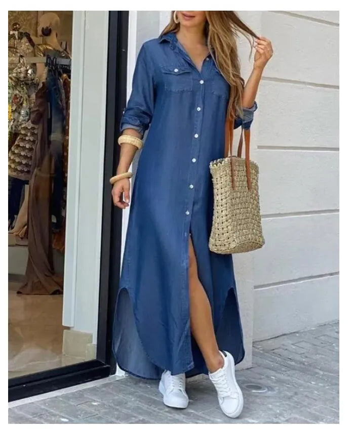 2014 Plus Size Fashionable Shirt Style Button Dress Ladies Casual Long Street Dresses Loose Home Maxi Women