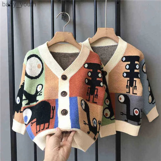 1-8Year Baby Boys Knitted Sweater Autumn Winter V Neck Single Breasted Jacket Kids Catoon Casual Sweater Tops Y0925