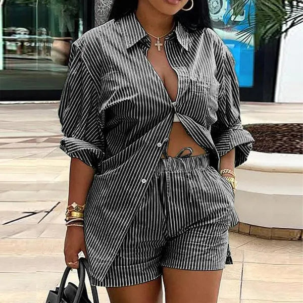 Women's Tracksuits Vintage Shorts Sets For Women Two 2 Piece Set Outfits 2023 Summer INS Clothes Full Sleeve Shirt Top And Suits Woman