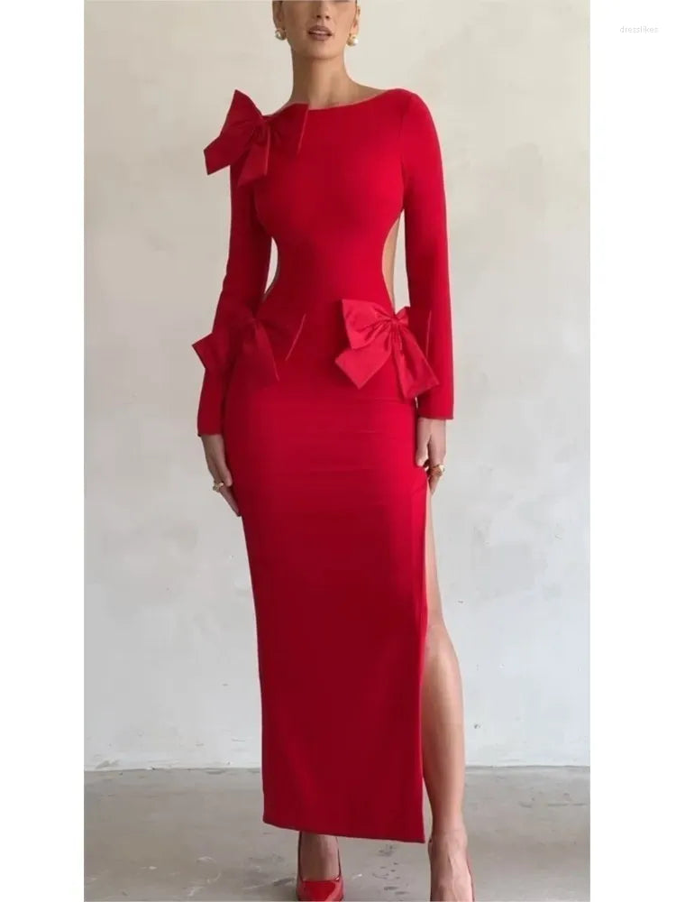 Casual Dresses Christmas Red Bow Backless Gown Dress Long Sleeve High Split Side Cut Out 2023 Ladies Party Festival Evening Robes