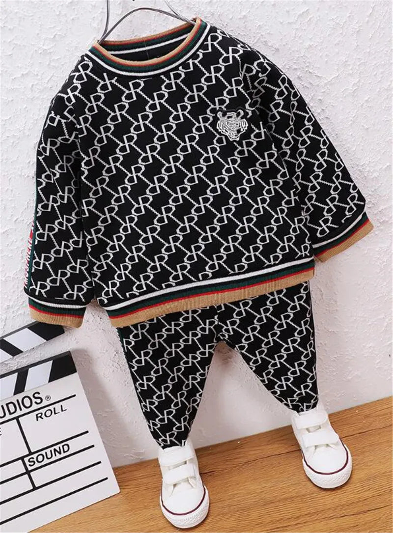 Baby & Kids Clothing 2024 new Spring kids suit Boys'and girls Round Neck Colored Full body Print Pullover Long Sleeve Trendy Two Piece Clothing Sets