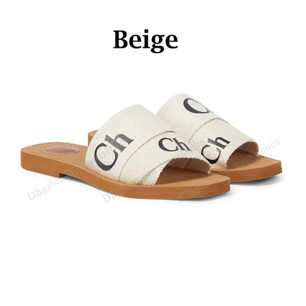 2024 Free Shipping top Woody sandals womens Mules flat slides Light tan beige white black pink blue lace Lettering canvas slippers womens summer outdoor indoor 35-42