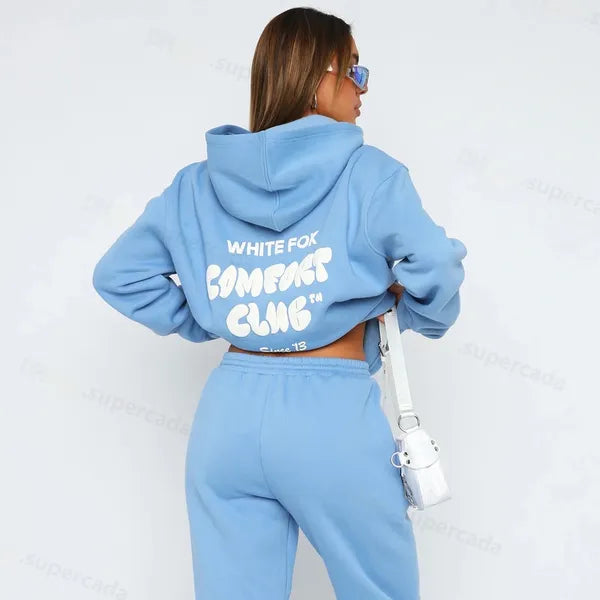 Sweatshirts WF-Women Women's Hoodies Letter Print 2 Piece Outfits FOX Cowl Neck Long BLACK WHITE Sleeve Sweatshirt and Pants Set Tracksuit Pullover Hooded Sports suit