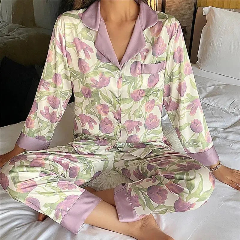 Women's Sleepwear Ice Silk Pajamas Women 2024 Spring Autumn Lapel Painted Suit Long Sleeve Pants 2 Pieces Set Home Clothes Pijamas