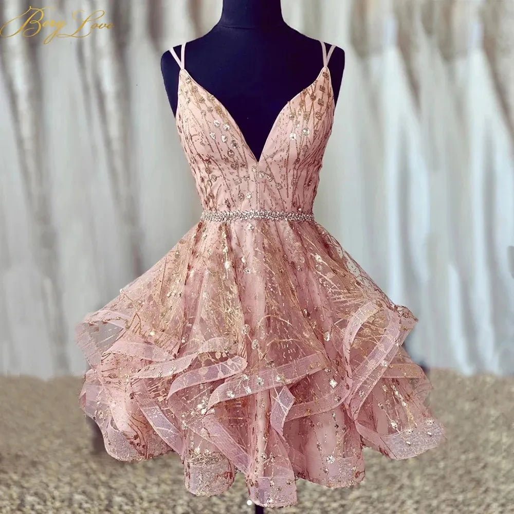 Berylove Homecoming Dresses Spaghetti Straps Sparkle Graduation Dress Mini Above Knee Party Dresses Prom Cocktail Dress 231227