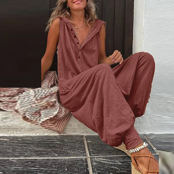 Women's Jumpsuits Rompers Beach Cross-pants Playsuit Fashion Loose Solid Sleeveless Hooded Romper Streetwear Vintage Button Jumpsuit Summer Women Causal 230720