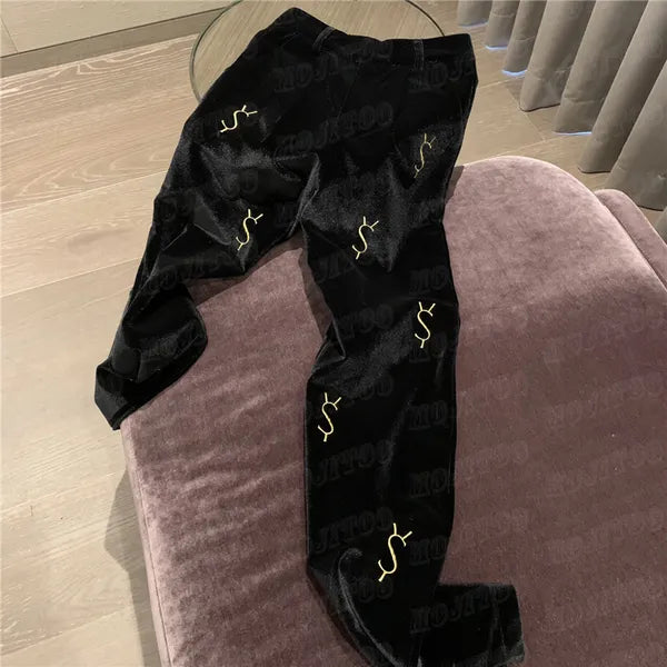 Womens Black Velvet Pants Embroidered Letter Thicken Trousers Wide High Grade Leg Long Pant For Lady