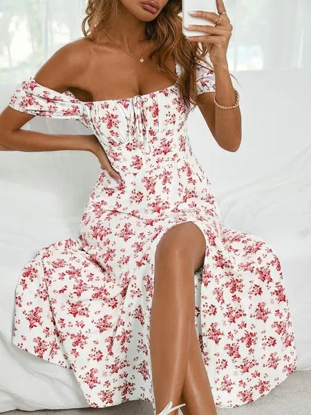 Basic Casual Dresses Allover Floral Slit Thigh Tie Front Puff Sleeve Ruched Bust Dress Women Square Neck High Waist A-line Long Dress Robe 230531