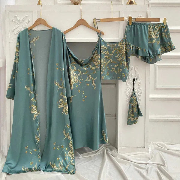 Women's Sleepwear 4PC Silk Robe Sleep Suit Womens Lace Satin Pajamas Gown Set V-Neck Cami Nighties Wear Pijama Home Nightwear Spring NightdressC24319