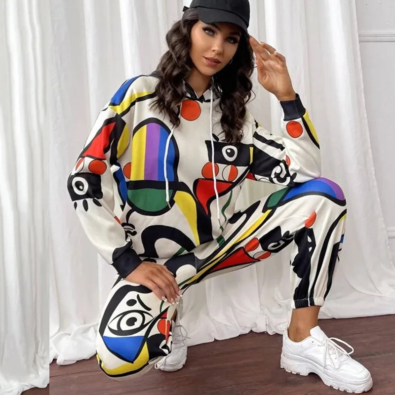 Women's Two Piece Pants Fashion Eye Print Tracksuit Set Women Oversized Hoodies Pullover Sweatshirt Wide Leg Suit Streetwear Outfits 221130