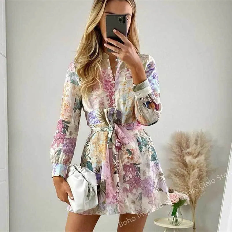 Casual Dresses BOHO INSPIRED MULTICOLORED FLORAL PRINT summer DRESS women buttons down belted long sleeve woman dress elegant ladies dress 0830