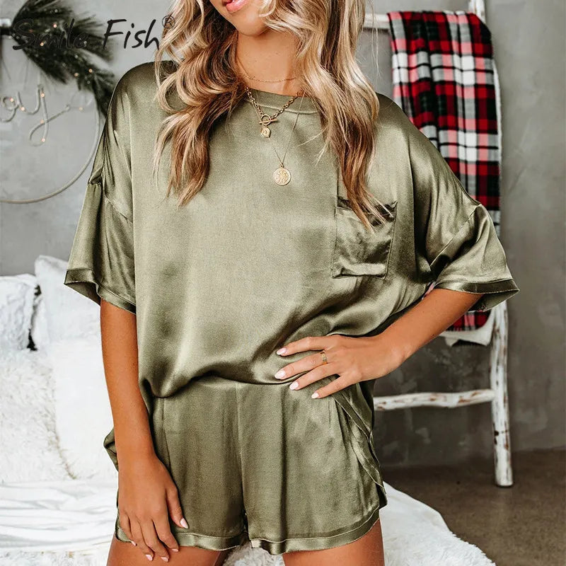 Women's Tracksuits Satin Silk Women Sets Pockets T Shirts and Elastic Waist Shorts Suit Pajama Spring Summer 2 Piece Set Homewear G2598 230209