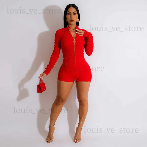 Women's Jumpsuits Rompers CM.YAYA Women Seersucker High Stretch Long Sleeve Zipper Fly Skinny Moto Biker Style Romper and Playsuit INS 2023 One Piece Suit T231202