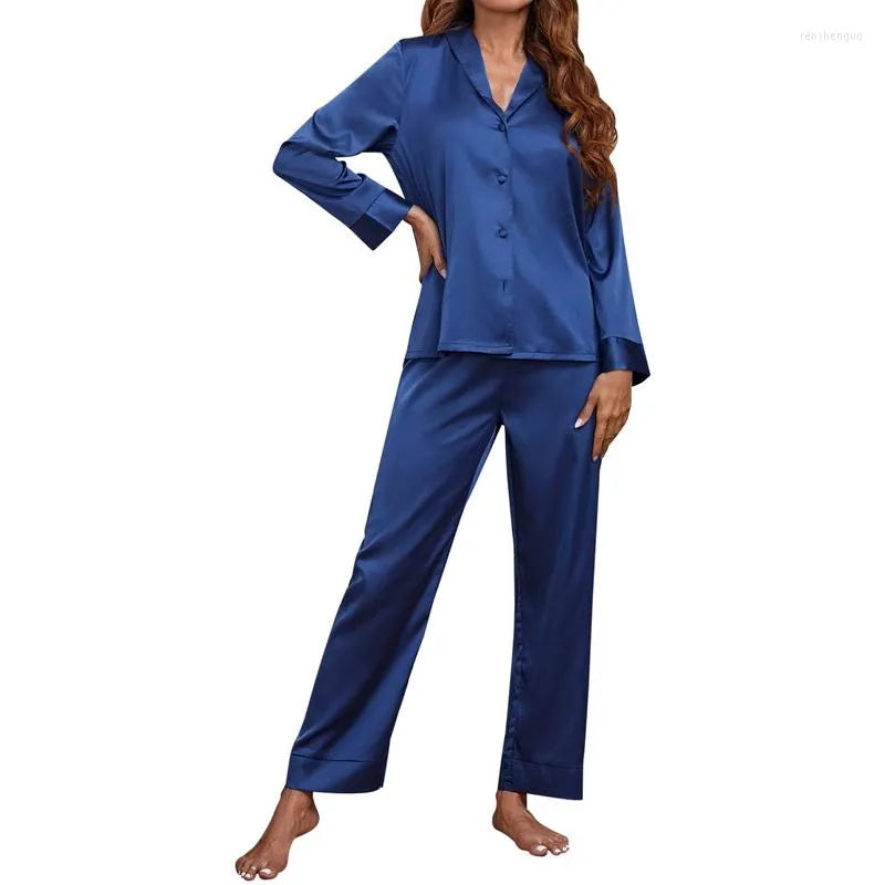 Women's Sleepwear Women Silk Pajamas Set Solid Color Pijamas Female Summer Nightwear Pyjama 2 Piece Sets Satin Faux Home Clothes Loungewear