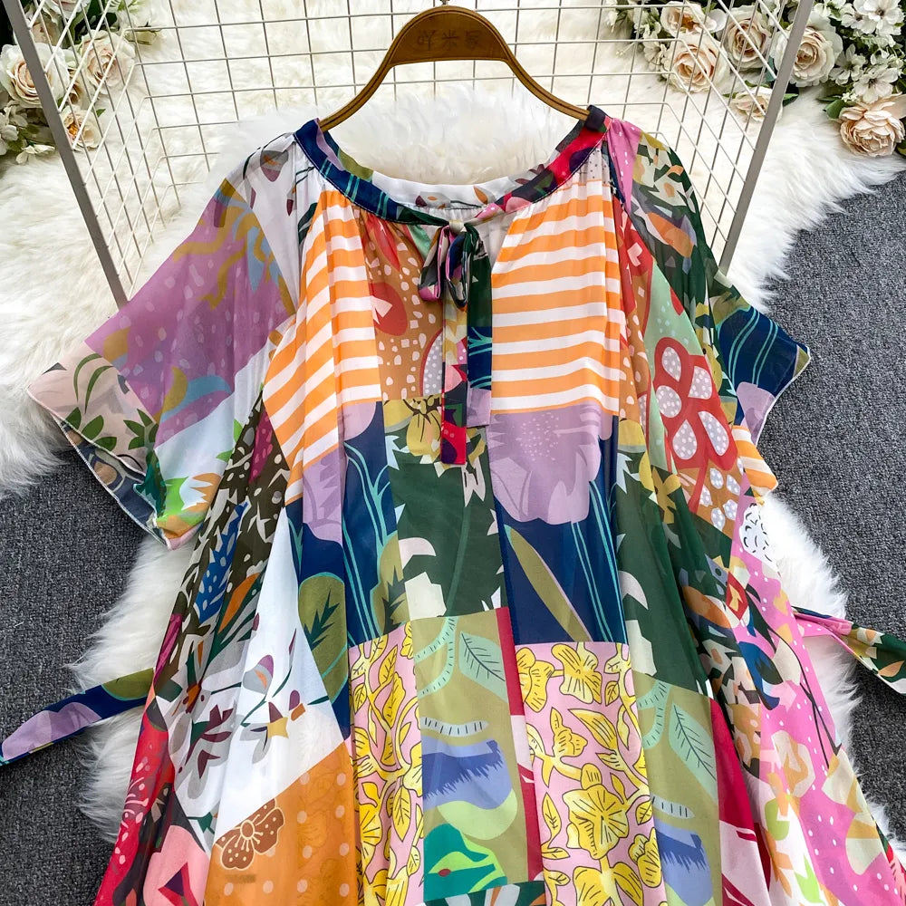 Casual Dresses Summer Bohemian Women Short Sleeve Sashes High Waist Oversize Chic Dress Fashion Floral Loose Pleated A Line Long Dress 2024