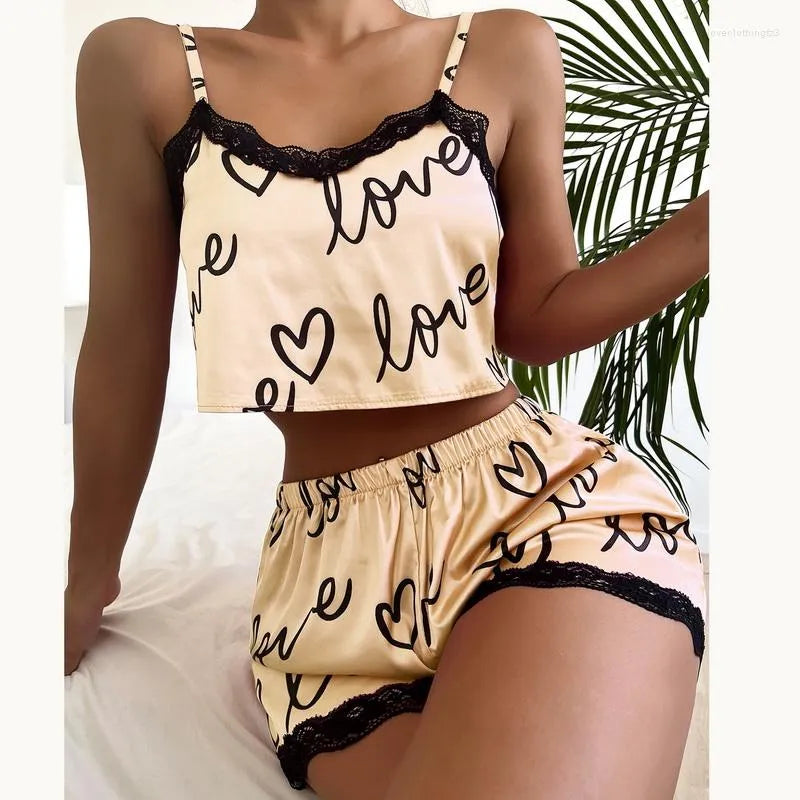 Women's Sleepwear Two Pieces Set Women'S Pajama Shorts Suit Print Underwear Pijama Sexy Lingerie Camisoles Tanks Nighty Ladies